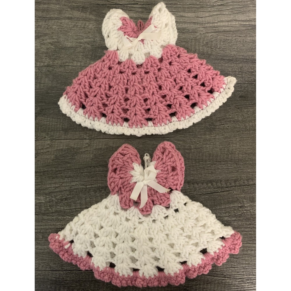 Vintage Crochet Dress‎ Pot Holders Pink White Handmade Kitchen Decor Set of 2